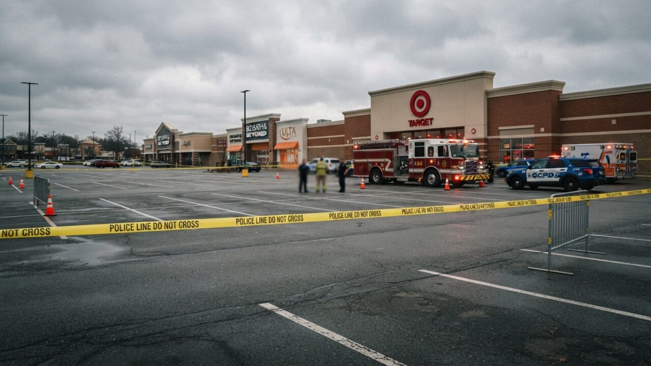 Emergency vehicles at crash site in parking lot with police tape