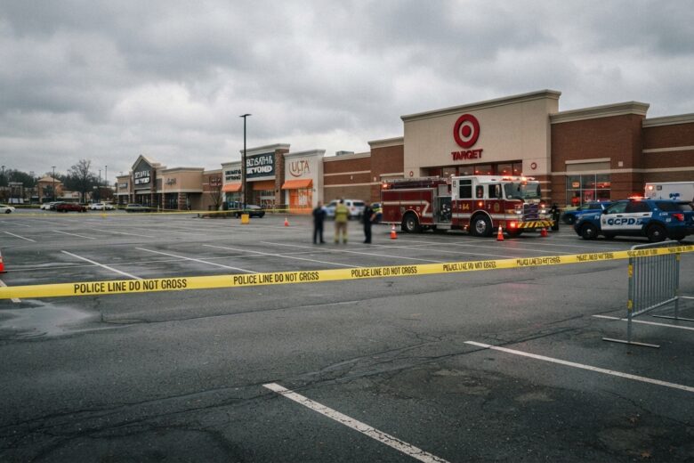Emergency vehicles at crash site in parking lot with police tape