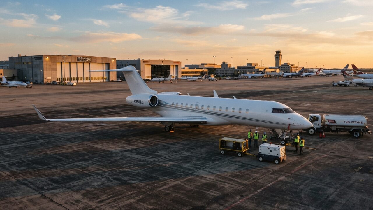 Bombardier business jet on airport tarmac with support equipment