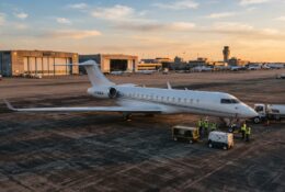 Bombardier business jet on airport tarmac with support equipment